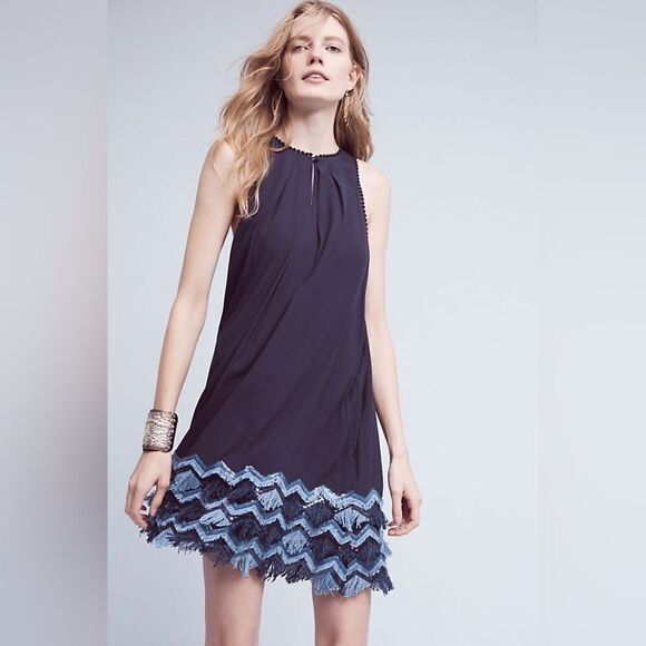 Maeve Womens Navy Fringe Hem Sleeveless Round Neck Cocktail Shift Dress Size 2 - Picture 1 of 10